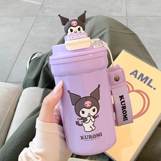 Vaso térmico aislado de acero inoxidable Sanrio de 480 ml – Bonita taza de café térmica con correa, taza de viaje portátil a prueba de fugas para oficina y exteriores