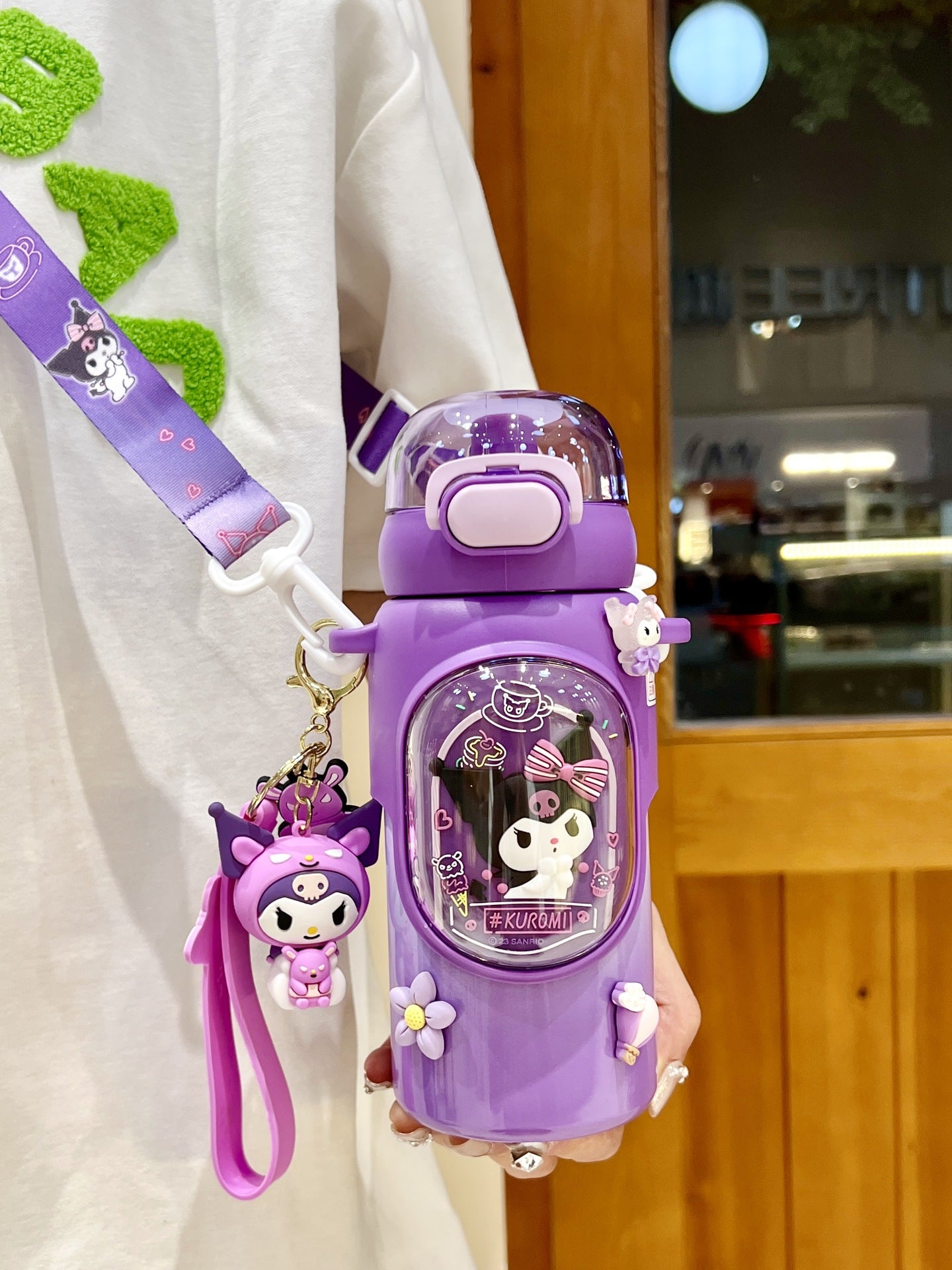 Sanrio Kuromi Kids Insulated Cup – 460ml Cartoon Straw Water Bottle with Keychain & 3D Decorations
