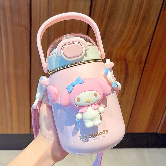 Sanrio Insulated Water Bottle 700ml, 316 Stainless Steel Cute Tumbler with Adjustable Strap & Straw Lid, Large Capacity Thermos for Girls Kids Office Outdoor, Pink