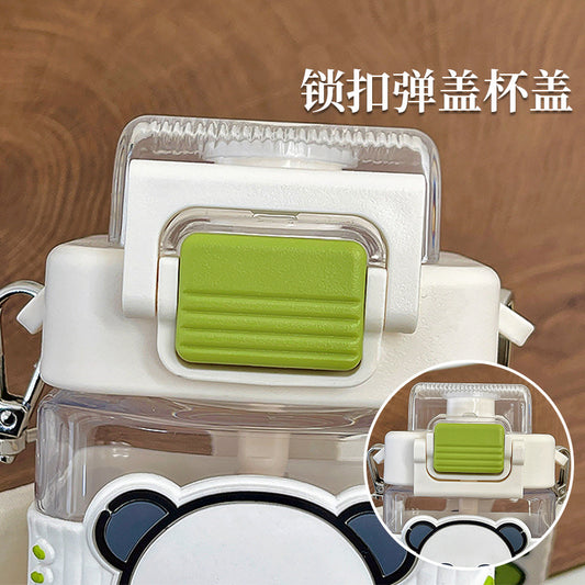 Panda plastic cup high value square straw cup student portable sports water bottle large capacity bullet lid portable cup