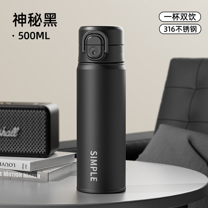 Fashionable Silk-Screen Thermos Cup – Double-Drink Lock Design with Silicone Spout