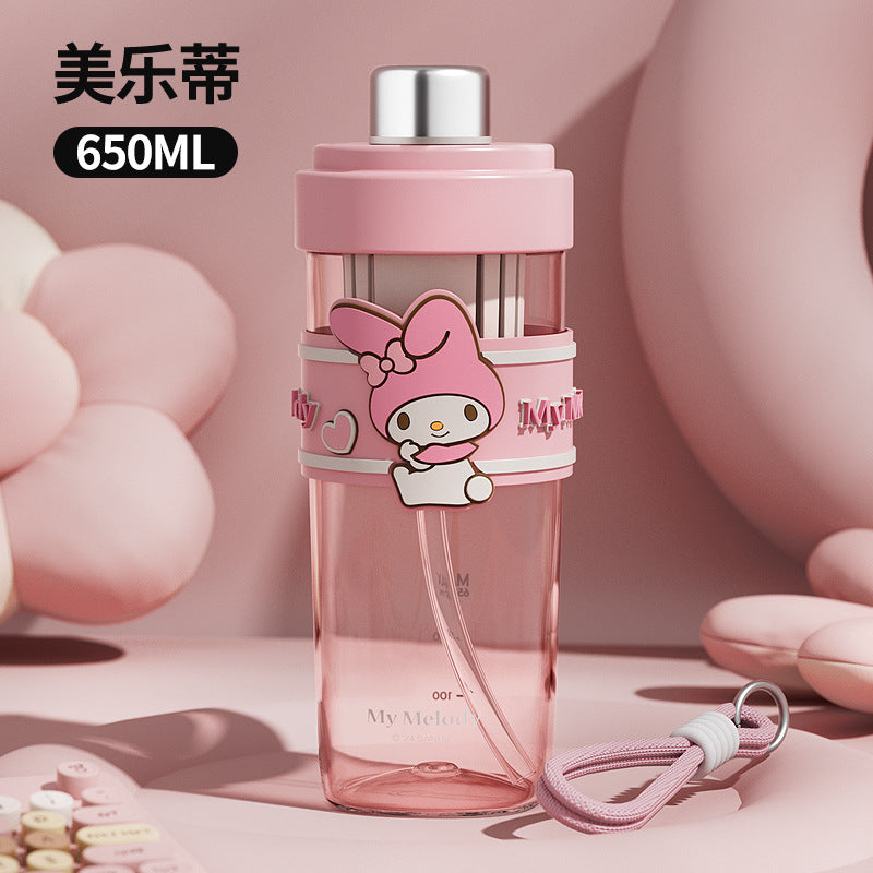 Sanrio Licensed Kids Plastic Cup – Flip Lid Straw with Tea Separator, Student Drinking Cup