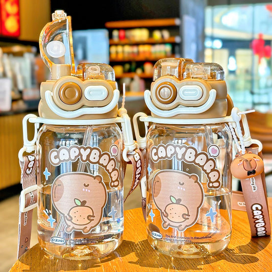 2025 New Capybara Children's Water Cup, Cute Large Capacity Double Drinking Cup, Lock Buckle, Convenient Handle, Straw Cup