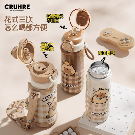 Cartoon capybara cute capybara thermos cup sleeve design lock adjustable portable cup double drinking cup
