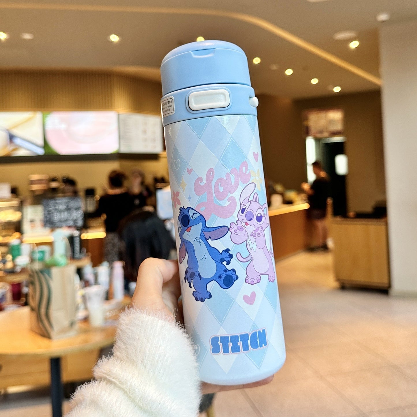 Biberón Disney Stitch con Pajita Aislado al Vacío para Niños (Acero Inoxidable 316/304, 6-12h, Tapa Doble)