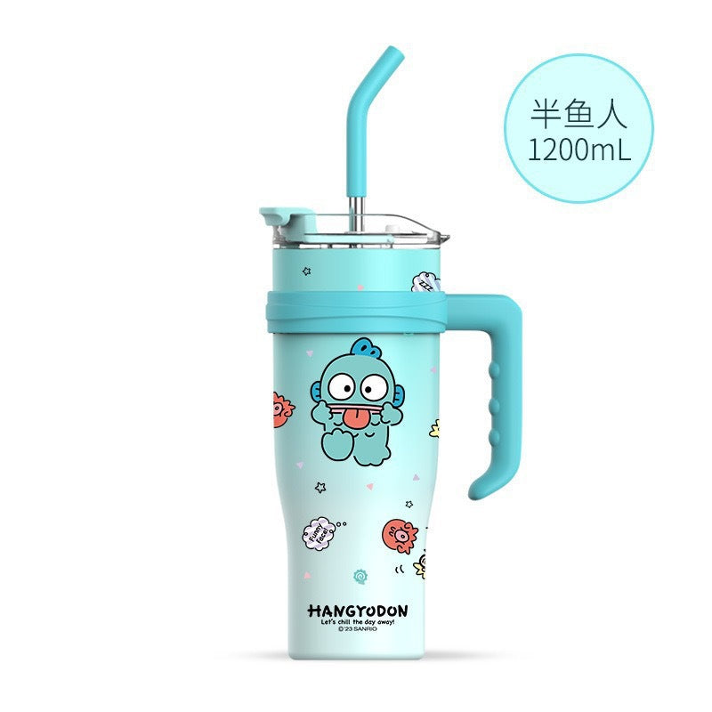 Vaso térmico Sanrio de 1200 ml con pajita y asa – Botella de agua térmica de gran capacidad (Cinnamoroll, Kuromi, My Melody, Pochacco, Hello Kitty, Hangyodon)