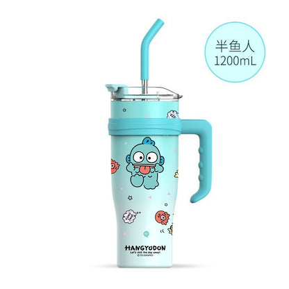 Vaso térmico Sanrio de 1200 ml con pajita y asa – Botella de agua térmica de gran capacidad (Cinnamoroll, Kuromi, My Melody, Pochacco, Hello Kitty, Hangyodon)