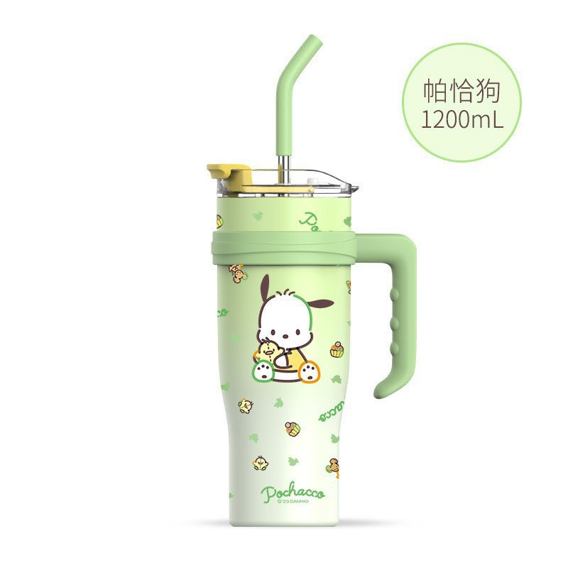 Vaso térmico Sanrio de 1200 ml con pajita y asa – Botella de agua térmica de gran capacidad (Cinnamoroll, Kuromi, My Melody, Pochacco, Hello Kitty, Hangyodon)