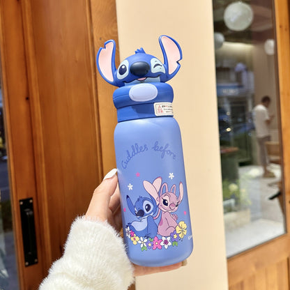 Biberón Disney Stitch con Pajita Aislado al Vacío para Niños (Acero Inoxidable 316/304, 6-12h, Tapa Doble)