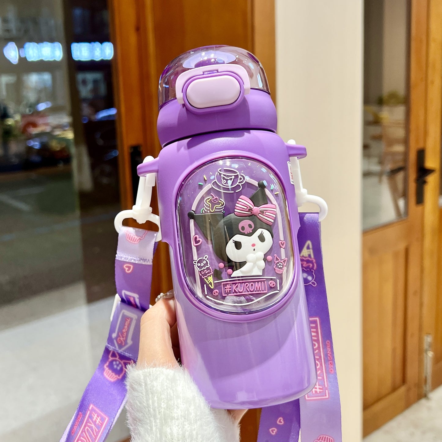 Sanrio Kuromi Kids Insulated Cup – 460ml Cartoon Straw Water Bottle with Keychain & 3D Decorations