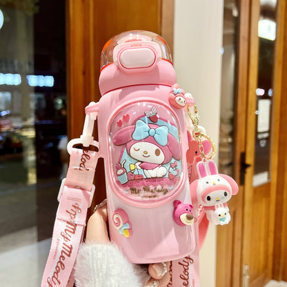 Sanrio Kuromi Kids Insulated Cup – 460ml Cartoon Straw Water Bottle with Keychain & 3D Decorations