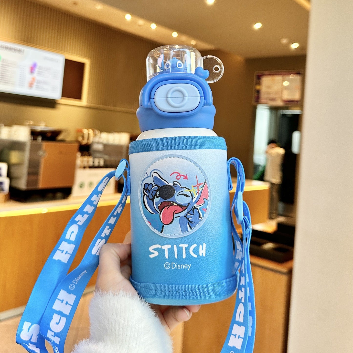 Biberón Disney Stitch con Pajita Aislado al Vacío para Niños (Acero Inoxidable 316/304, 6-12h, Tapa Doble)