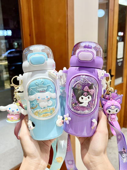 Sanrio Kuromi Kids Insulated Cup – 460ml Cartoon Straw Water Bottle with Keychain & 3D Decorations
