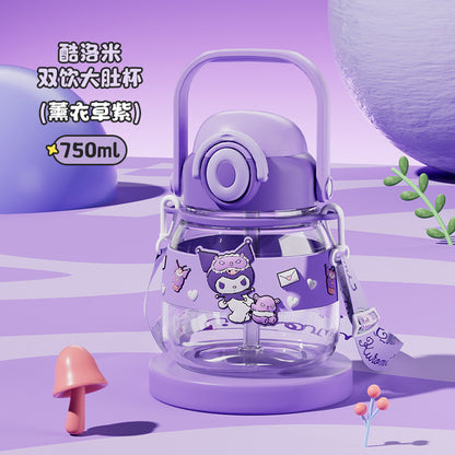 Kuromi Water Bottle 750ml Cute Sanrio Tritan Straw Cup with Strap – Large Capacity Portable Cartoon Bottle for Girls & Outdoor