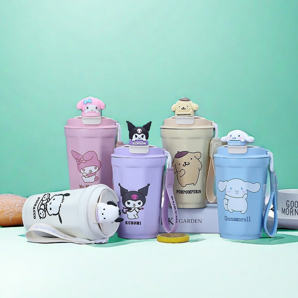 Vaso térmico aislado de acero inoxidable Sanrio de 480 ml – Bonita taza de café térmica con correa, taza de viaje portátil a prueba de fugas para oficina y exteriores