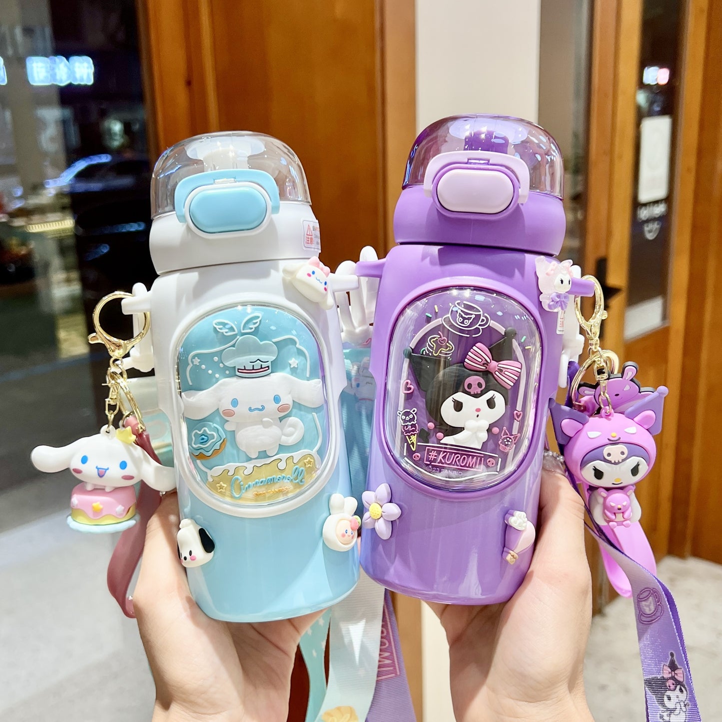 Sanrio Kuromi Kids Insulated Cup – 460ml Cartoon Straw Water Bottle with Keychain & 3D Decorations