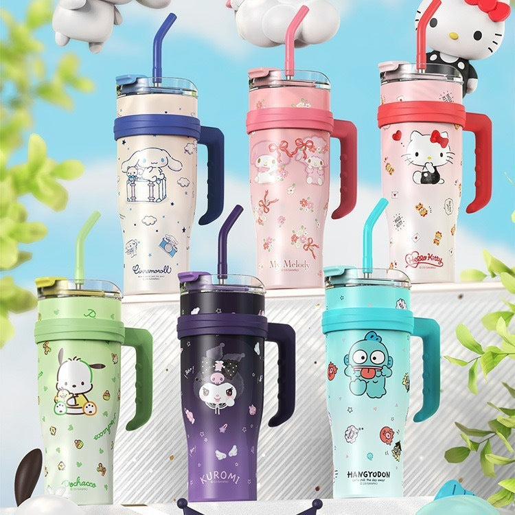 Vaso térmico Sanrio de 1200 ml con pajita y asa – Botella de agua térmica de gran capacidad (Cinnamoroll, Kuromi, My Melody, Pochacco, Hello Kitty, Hangyodon)