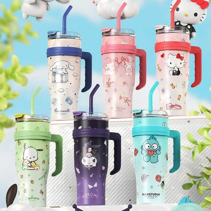Vaso térmico Sanrio de 1200 ml con pajita y asa – Botella de agua térmica de gran capacidad (Cinnamoroll, Kuromi, My Melody, Pochacco, Hello Kitty, Hangyodon)