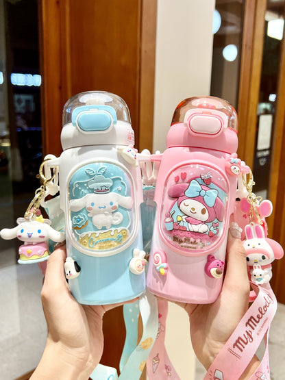 Sanrio Kuromi Kids Insulated Cup – 460ml Cartoon Straw Water Bottle with Keychain & 3D Decorations