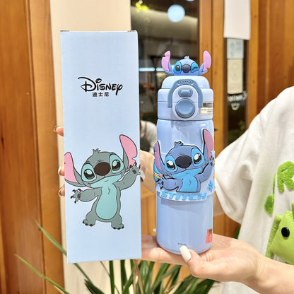 Biberón Disney Stitch con Pajita Aislado al Vacío para Niños (Acero Inoxidable 316/304, 6-12h, Tapa Doble)
