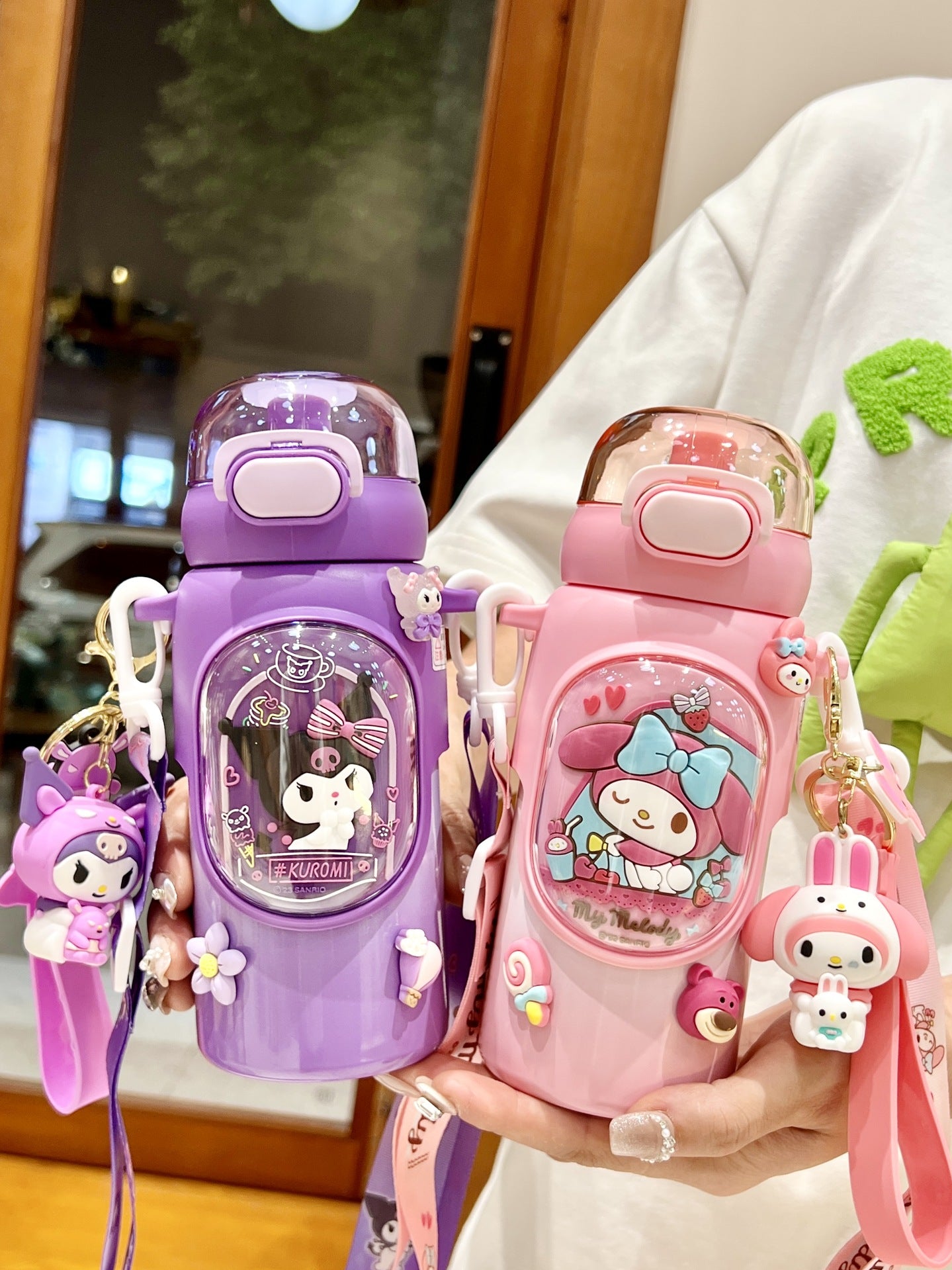 Sanrio Kuromi Kids Insulated Cup – 460ml Cartoon Straw Water Bottle with Keychain & 3D Decorations