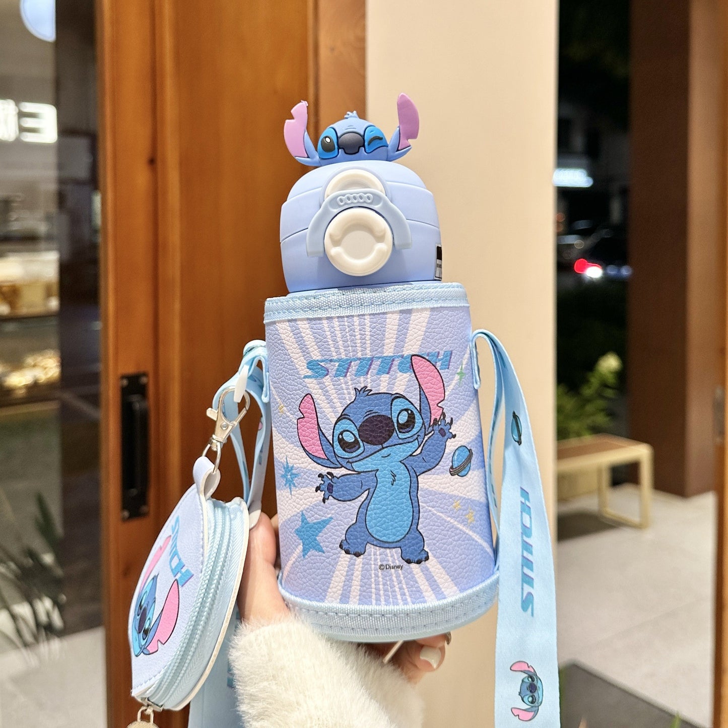 Biberón Disney Stitch con Pajita Aislado al Vacío para Niños (Acero Inoxidable 316/304, 6-12h, Tapa Doble)
