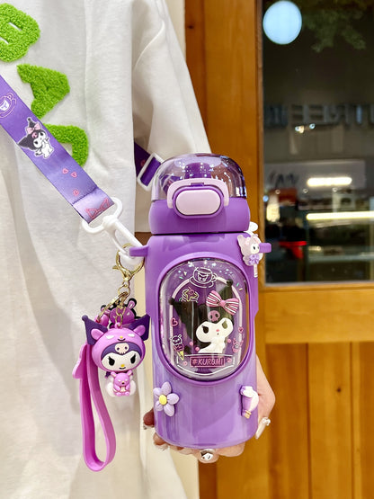 Sanrio Kuromi Kids Insulated Cup – 460ml Cartoon Straw Water Bottle with Keychain & 3D Decorations