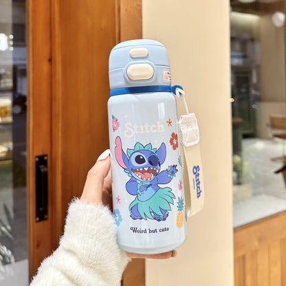 Biberón Disney Stitch con Pajita Aislado al Vacío para Niños (Acero Inoxidable 316/304, 6-12h, Tapa Doble)