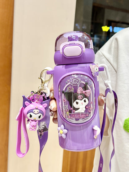 Sanrio Kuromi Kids Insulated Cup – 460ml Cartoon Straw Water Bottle with Keychain & 3D Decorations