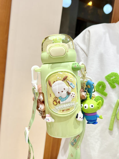 Sanrio Kuromi Kids Insulated Cup – 460ml Cartoon Straw Water Bottle with Keychain & 3D Decorations