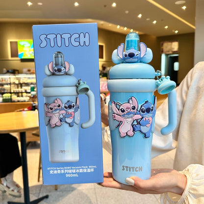 Biberón Disney Stitch con Pajita Aislado al Vacío para Niños (Acero Inoxidable 316/304, 6-12h, Tapa Doble)