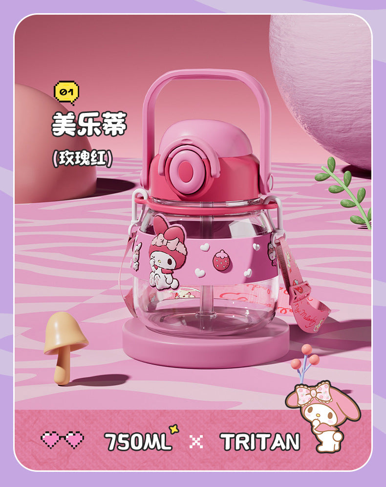Kuromi Water Bottle 750ml Cute Sanrio Tritan Straw Cup with Strap – Large Capacity Portable Cartoon Bottle for Girls & Outdoor