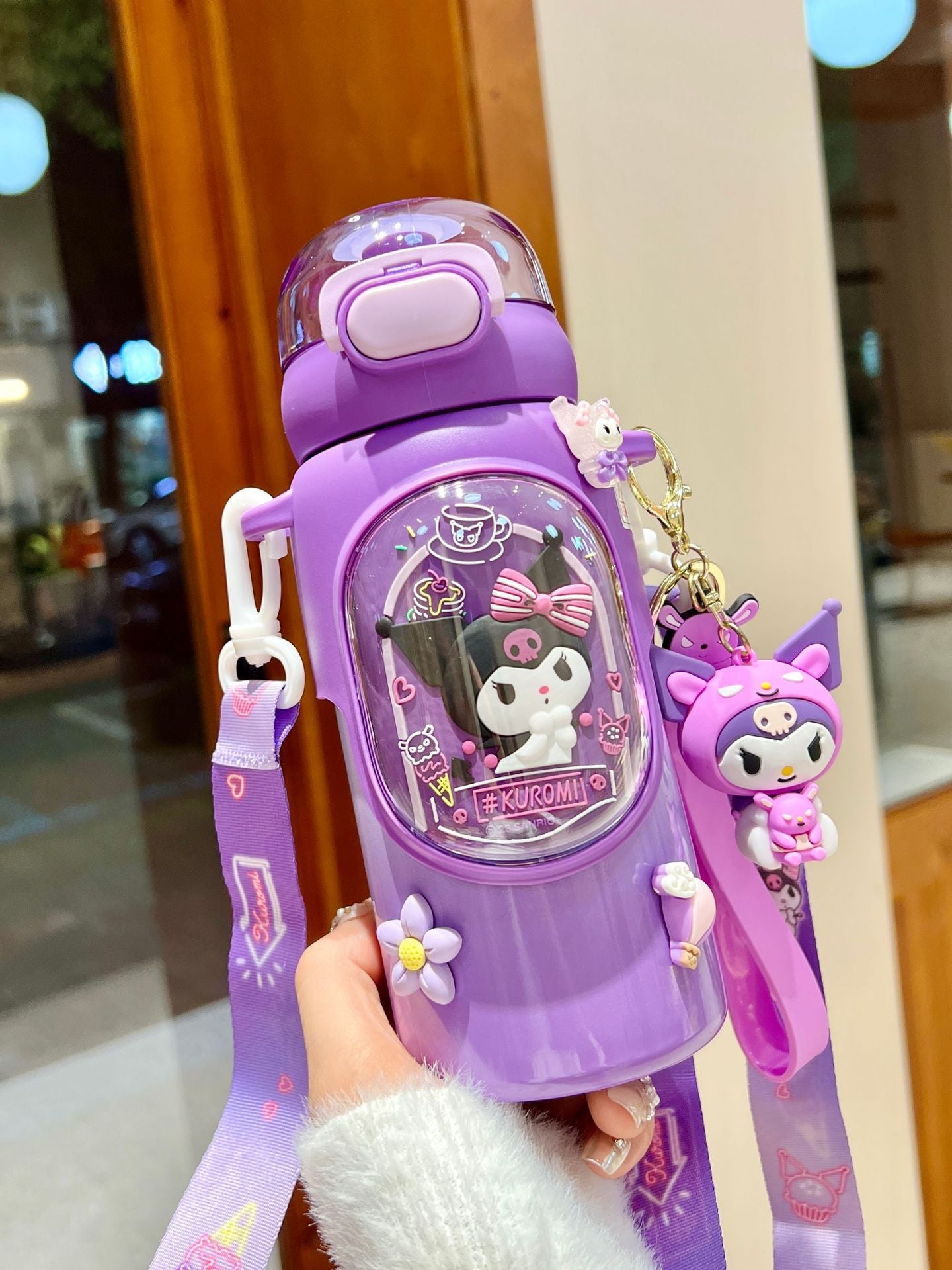 Sanrio Kuromi Kids Insulated Cup – 460ml Cartoon Straw Water Bottle with Keychain & 3D Decorations