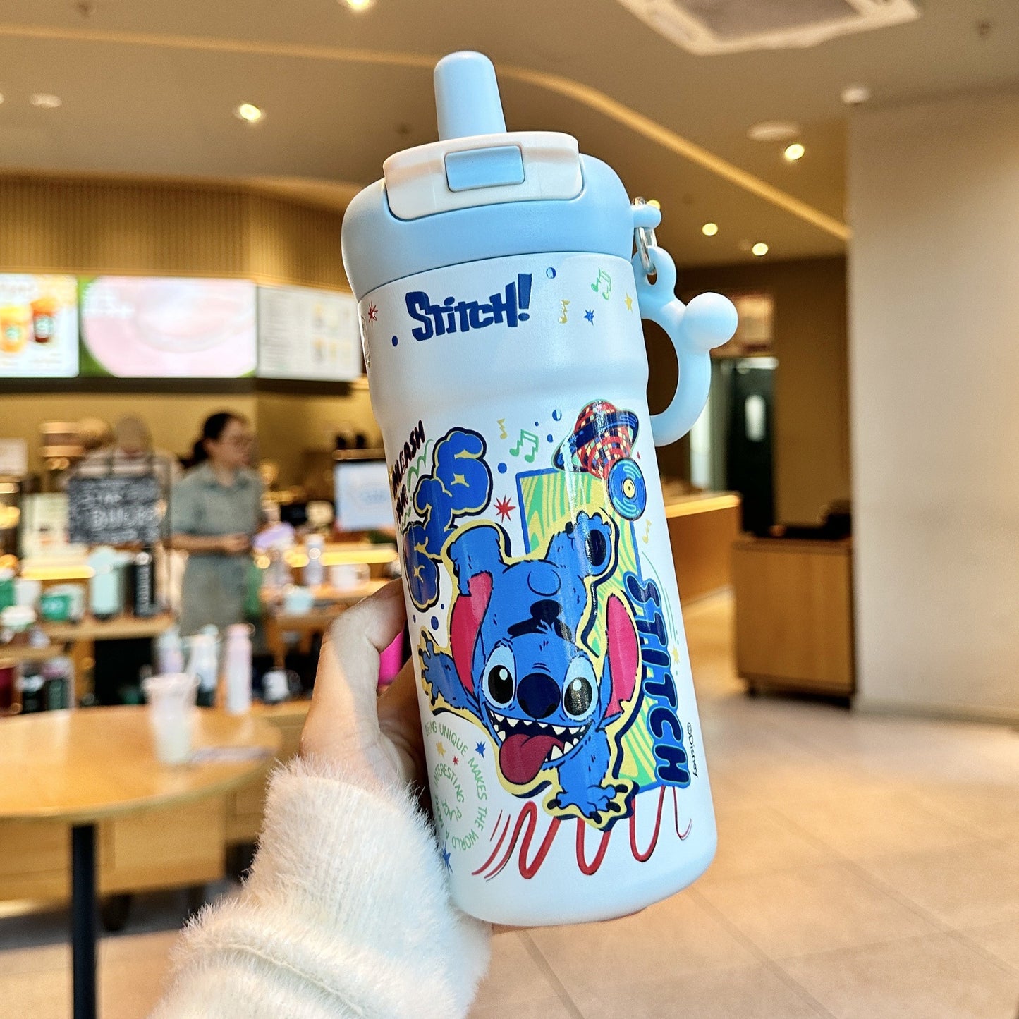 Biberón Disney Stitch con Pajita Aislado al Vacío para Niños (Acero Inoxidable 316/304, 6-12h, Tapa Doble)
