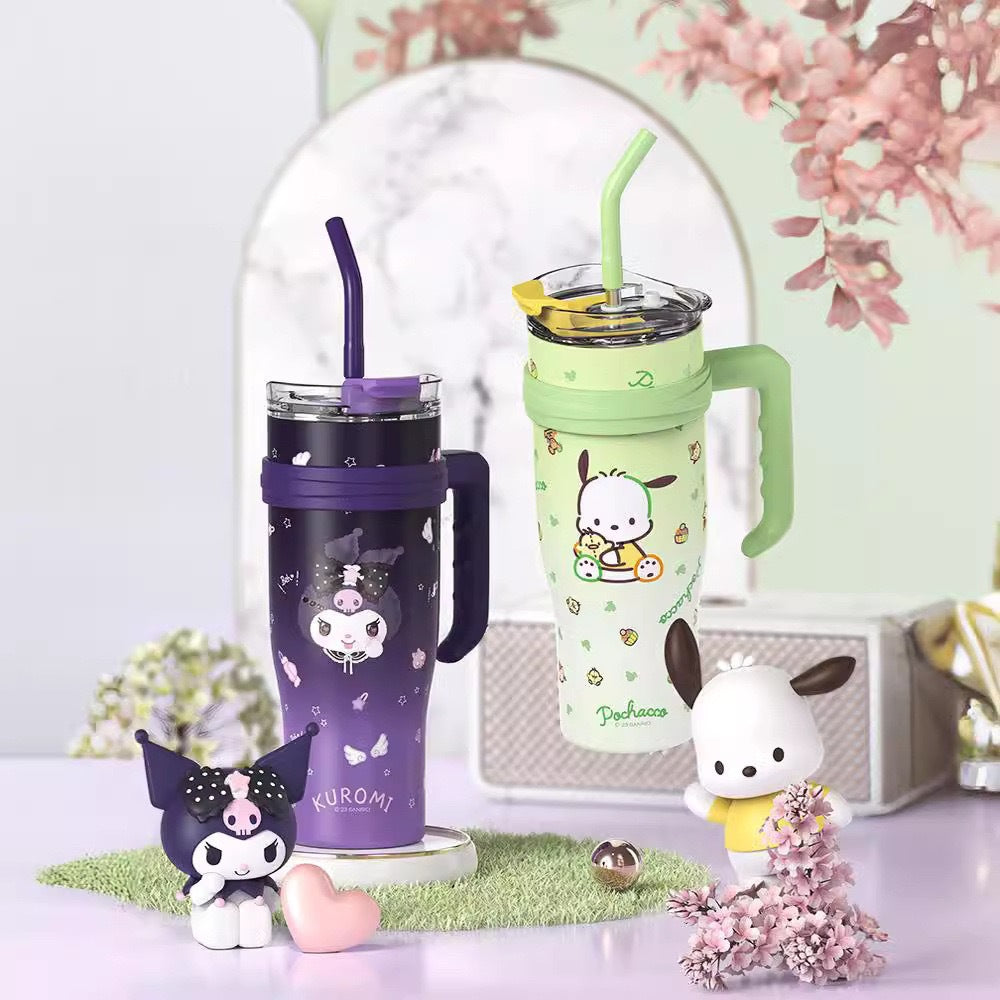 Vaso térmico Sanrio de 1200 ml con pajita y asa – Botella de agua térmica de gran capacidad (Cinnamoroll, Kuromi, My Melody, Pochacco, Hello Kitty, Hangyodon)