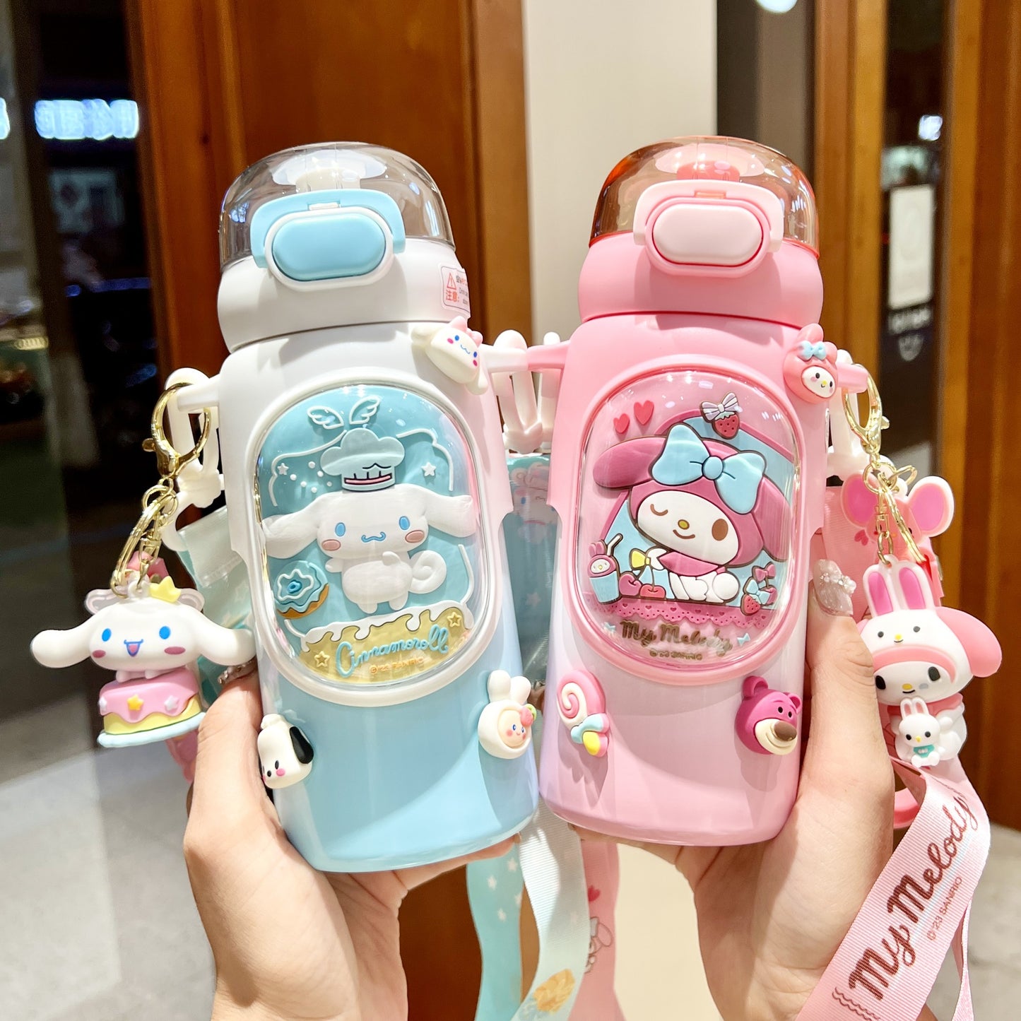 Sanrio Kuromi Kids Insulated Cup – 460ml Cartoon Straw Water Bottle with Keychain & 3D Decorations
