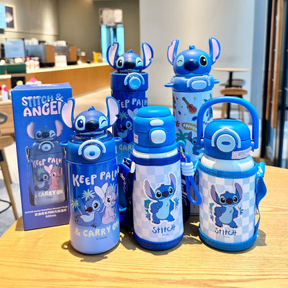 Biberón Disney Stitch con Pajita Aislado al Vacío para Niños (Acero Inoxidable 316/304, 6-12h, Tapa Doble)