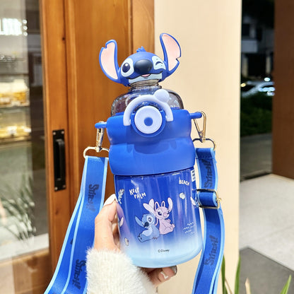 Biberón Disney Stitch con Pajita Aislado al Vacío para Niños (Acero Inoxidable 316/304, 6-12h, Tapa Doble)