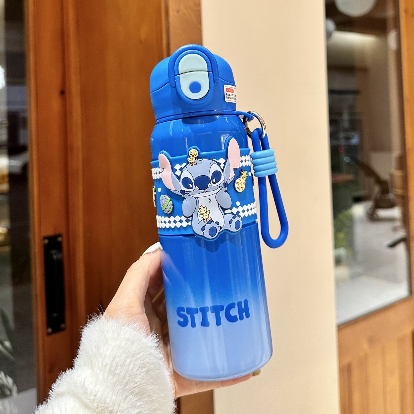 Biberón Disney Stitch con Pajita Aislado al Vacío para Niños (Acero Inoxidable 316/304, 6-12h, Tapa Doble)
