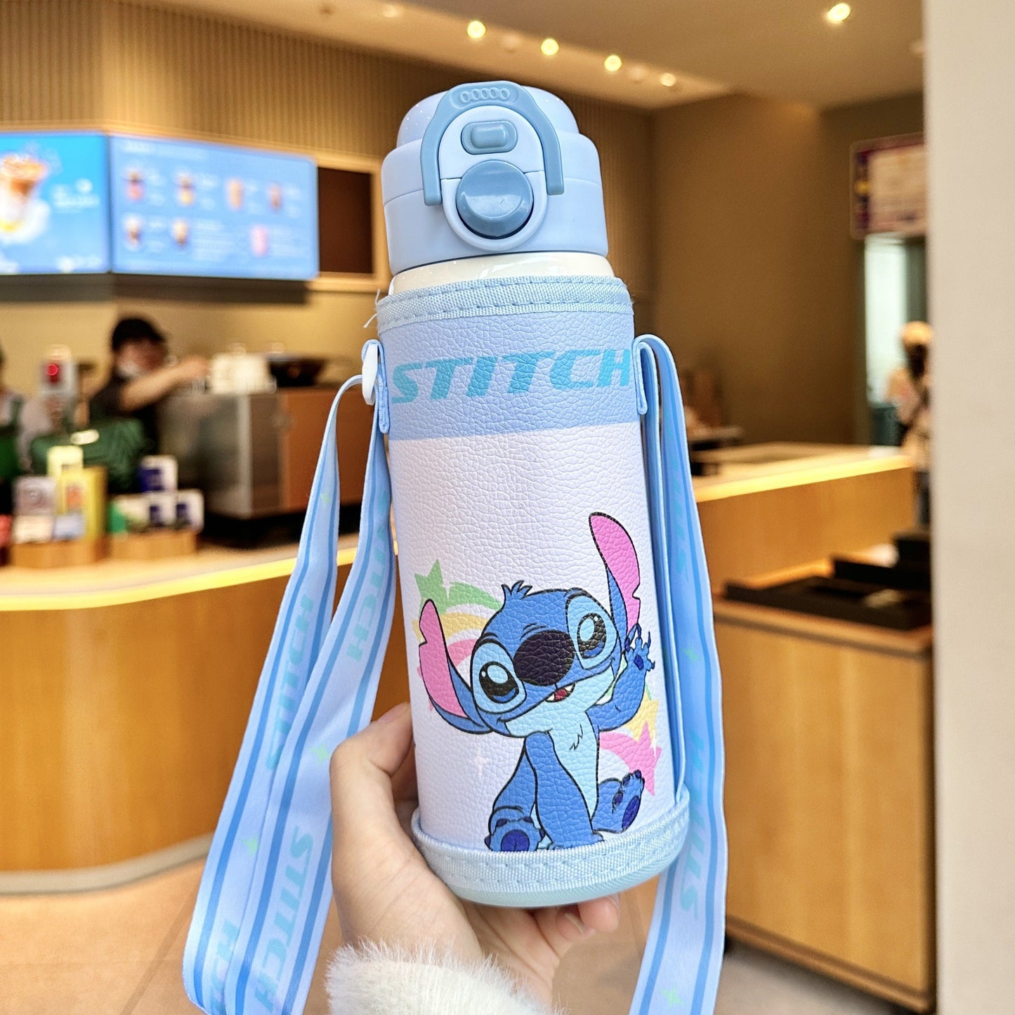 Biberón Disney Stitch con Pajita Aislado al Vacío para Niños (Acero Inoxidable 316/304, 6-12h, Tapa Doble)