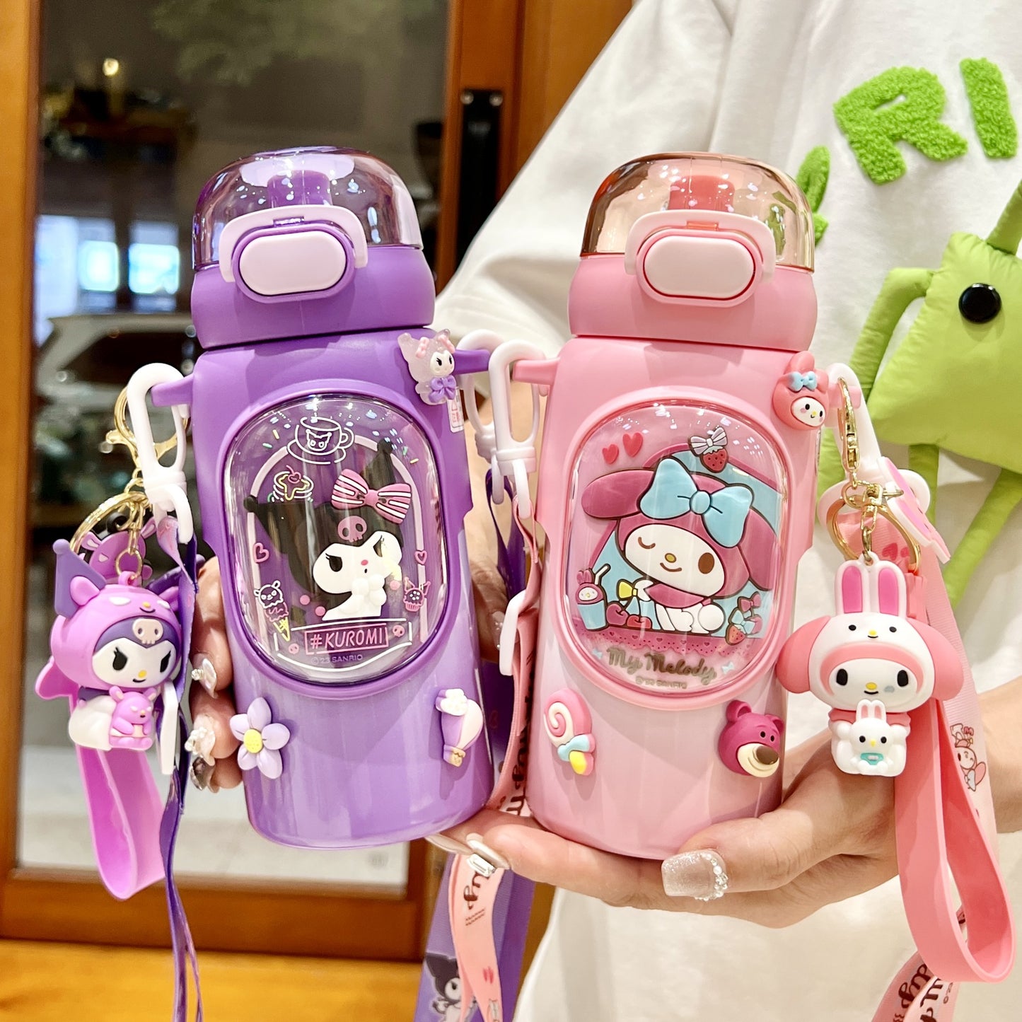 Sanrio Kuromi Kids Insulated Cup – 460ml Cartoon Straw Water Bottle with Keychain & 3D Decorations