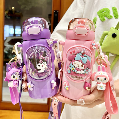 Sanrio Kuromi Kids Insulated Cup – 460ml Cartoon Straw Water Bottle with Keychain & 3D Decorations