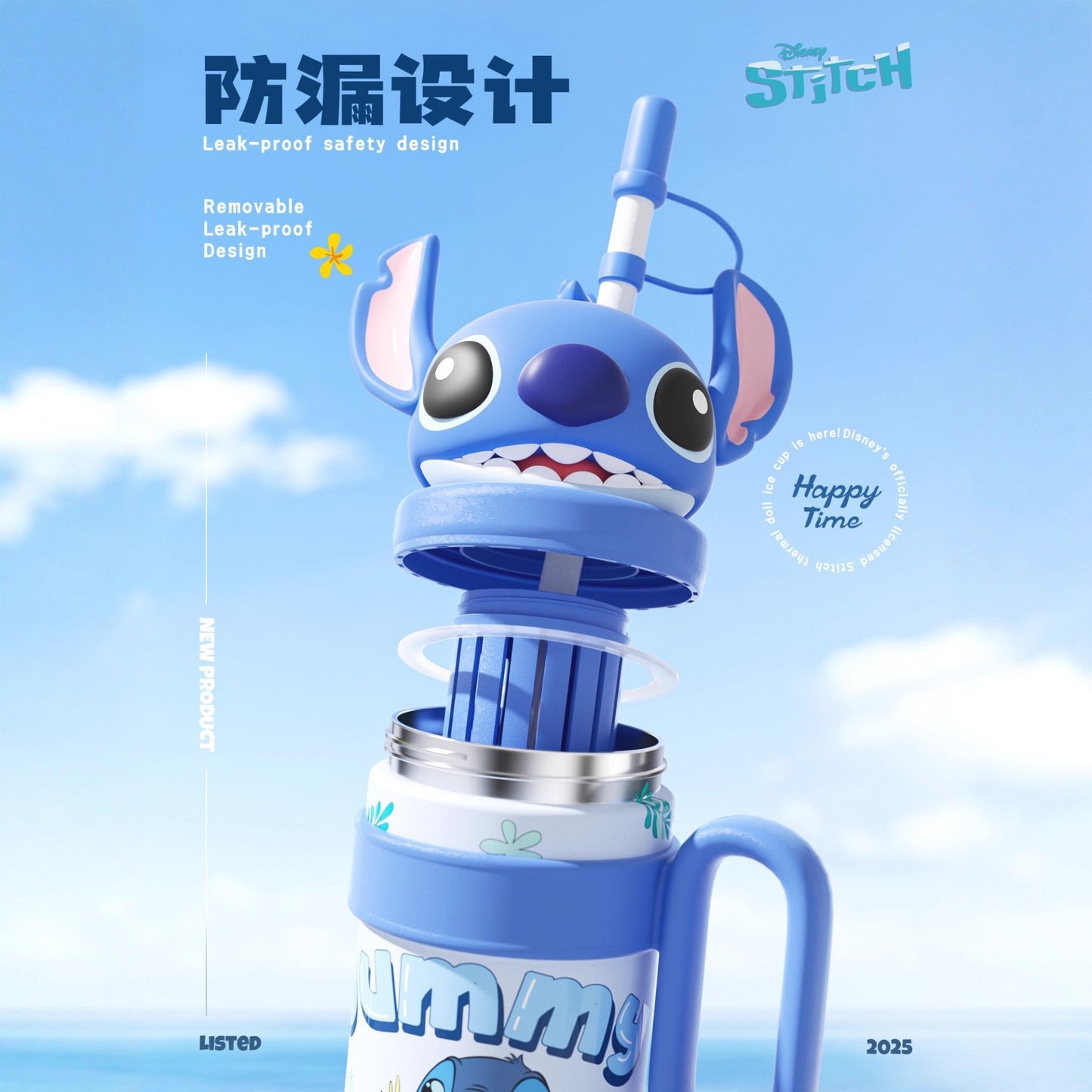 Vaso térmico Stitch de gran capacidad con aislamiento de 800 ml – Taza térmica de acero inoxidable 316 con asa y pajita, para café caliente y frío, para viajes y oficina