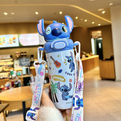 Biberón Disney Stitch con Pajita Aislado al Vacío para Niños (Acero Inoxidable 316/304, 6-12h, Tapa Doble)