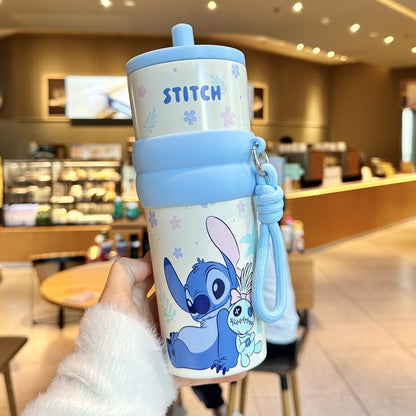 Biberón Disney Stitch con Pajita Aislado al Vacío para Niños (Acero Inoxidable 316/304, 6-12h, Tapa Doble)