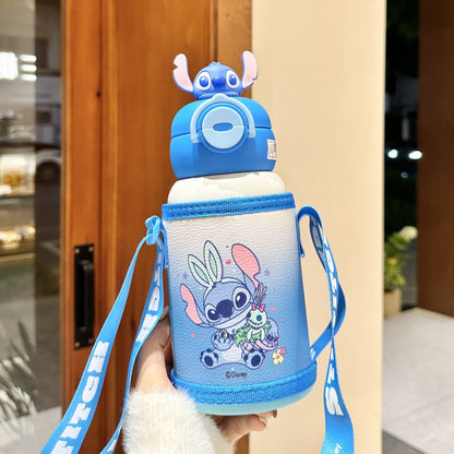 Biberón Disney Stitch con Pajita Aislado al Vacío para Niños (Acero Inoxidable 316/304, 6-12h, Tapa Doble)