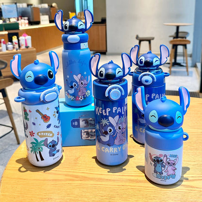 Biberón Disney Stitch con Pajita Aislado al Vacío para Niños (Acero Inoxidable 316/304, 6-12h, Tapa Doble)