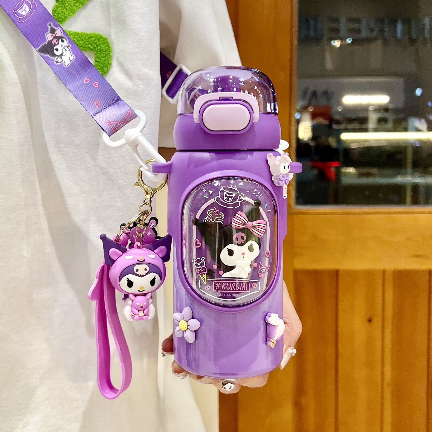 Sanrio Kuromi Kids Insulated Cup – 460ml Cartoon Straw Water Bottle with Keychain & 3D Decorations