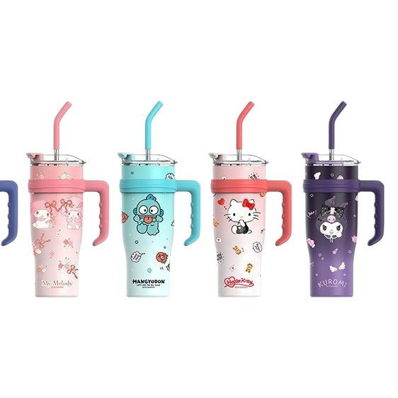 Vaso térmico Sanrio de 1200 ml con pajita y asa – Botella de agua térmica de gran capacidad (Cinnamoroll, Kuromi, My Melody, Pochacco, Hello Kitty, Hangyodon)