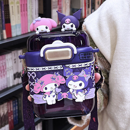Biberón Sanrio Cute Kids de 700 ml – Vaso de Tritán con Pajita de Kuromi, Cinnamoroll y Hello Kitty con Correa, Botella Portátil de Dibujos Animados